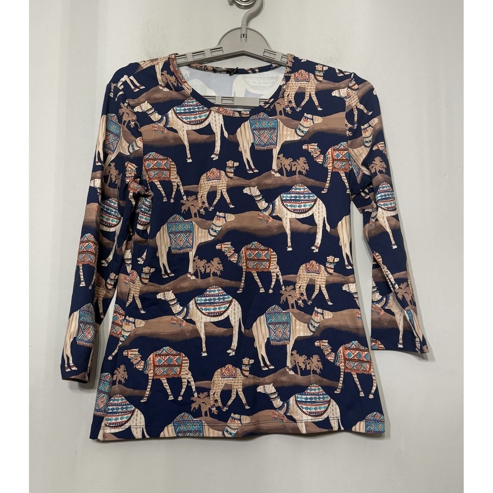 J McLaughlin Blouse Womens Medium Neo Bakara Camel Print Catalina Cloth Shirt